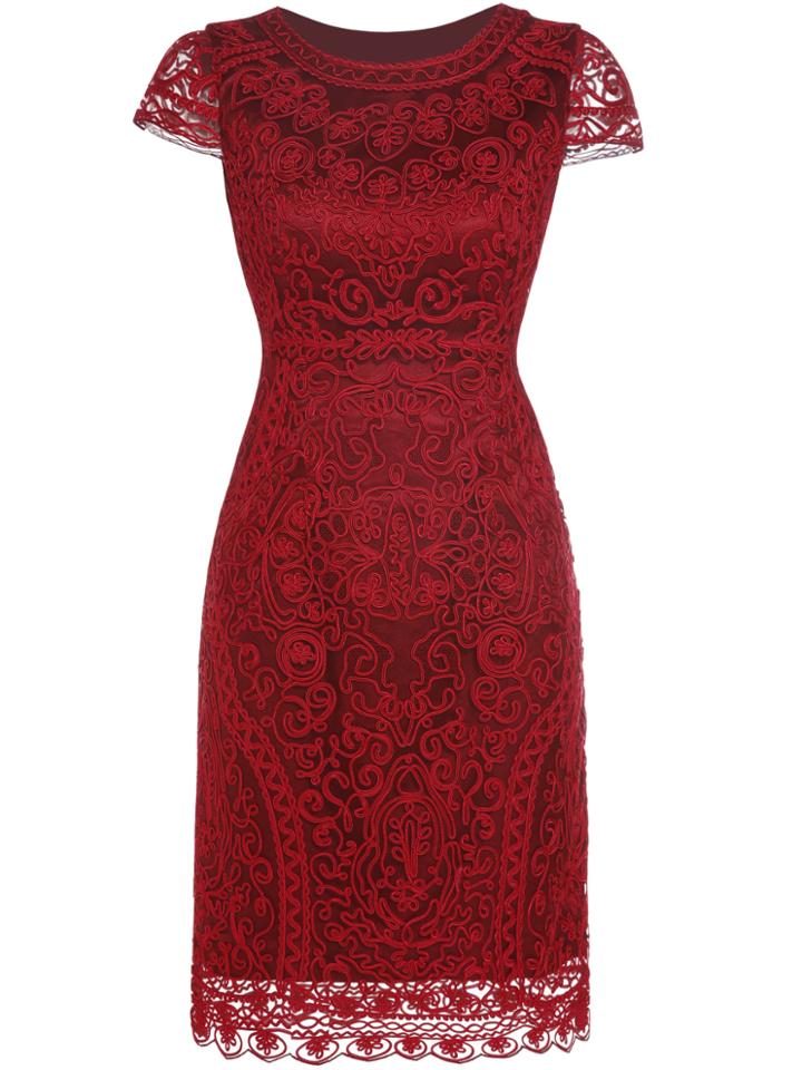 Romwe Red Gauze Disc Flowers Sheath Dress