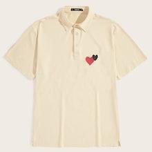 Romwe Guys Double Heart Print Button Half-placket Polo Shirt
