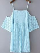 Romwe Off The Shoulder Bell Sleeve Lace Blue Dress