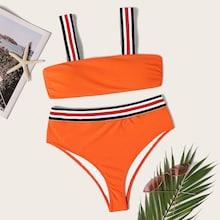 Romwe Striped Straps Top With High Waist Bikini