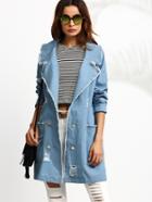 Romwe Blue Double Breasted Distressed Denim Trench Coat