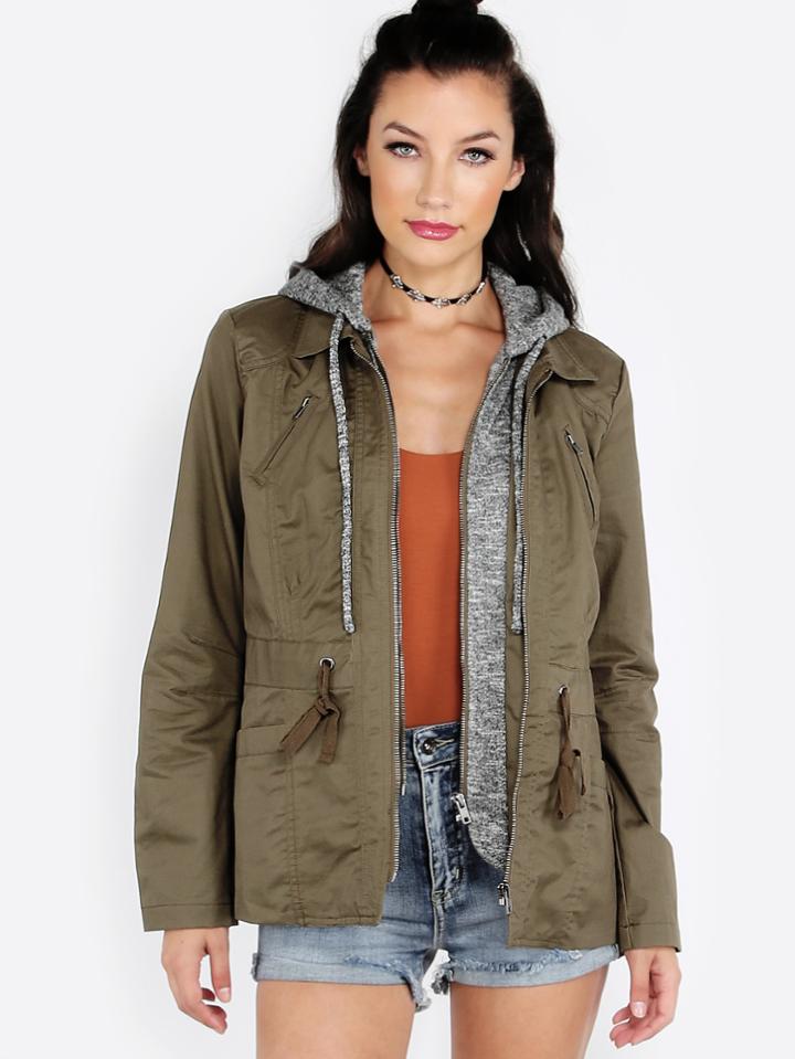 Romwe Hooded Anorak Jacket Olive
