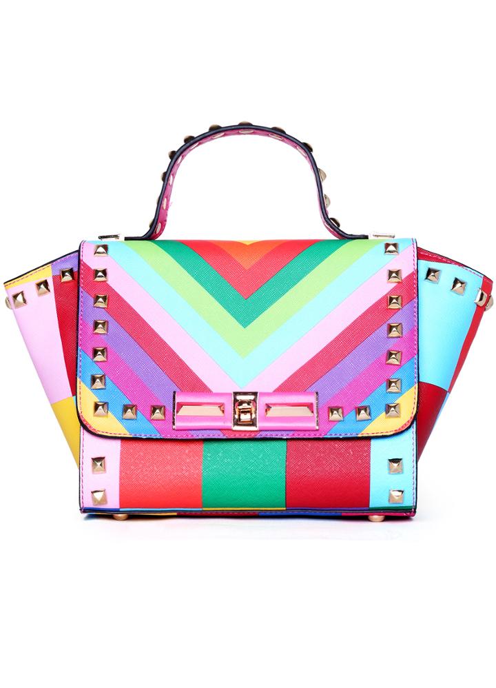 Romwe Multicolor With Rivet Twist Lock Tote Bag
