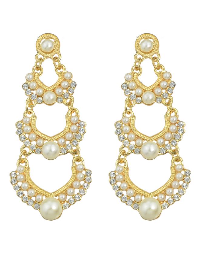 Romwe Gold Plated Long Imitation Hanging Pearl Earrings