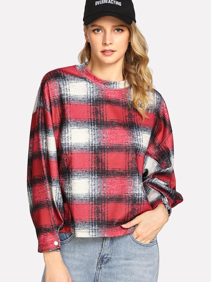 Romwe Drop Shoulder Tartan Plaid Blouse