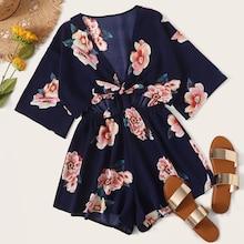 Romwe Floral Print V-neck Tie Front Romper