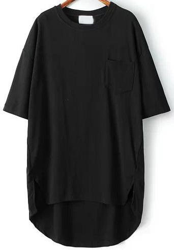 Romwe Black Pocket Split Dip Hem T-shirt