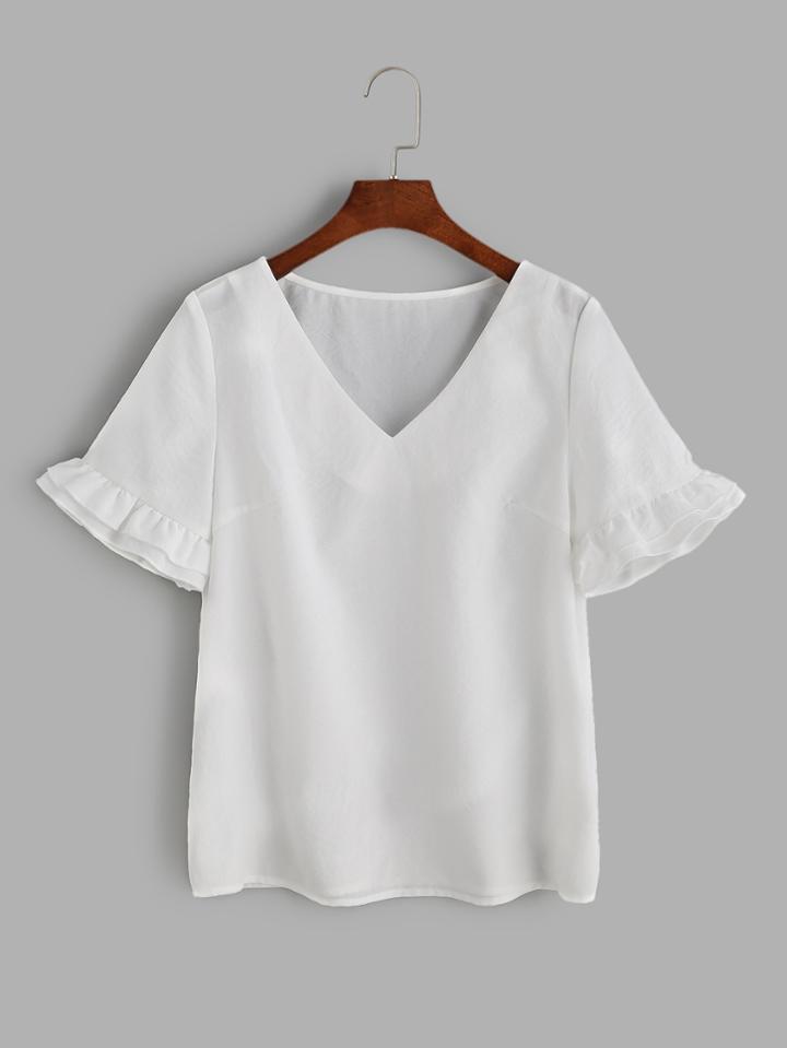 Romwe White V Neck Frill Sleeve Top