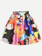 Romwe Multicolor Abstract Print Box Pleated Flare Skirt