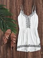 Romwe Embroidered Trim Self Tie Pleated Cami Romper