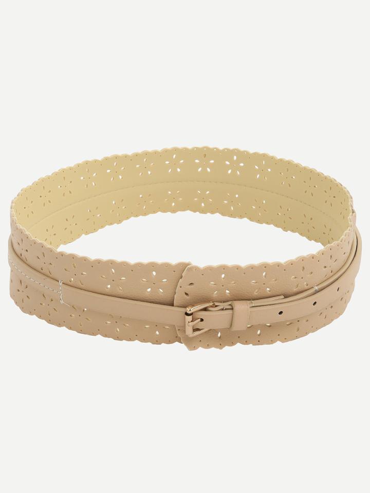 Romwe Khaki Hollow Buckle Knotted Wide Belt