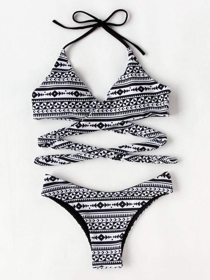 Romwe Geometric Print Wrap Bikini Set