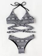 Romwe Geometric Print Wrap Bikini Set
