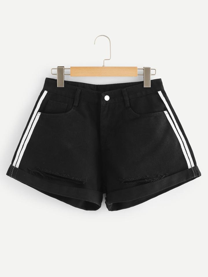 Romwe Ripped Stripe Denim Shorts
