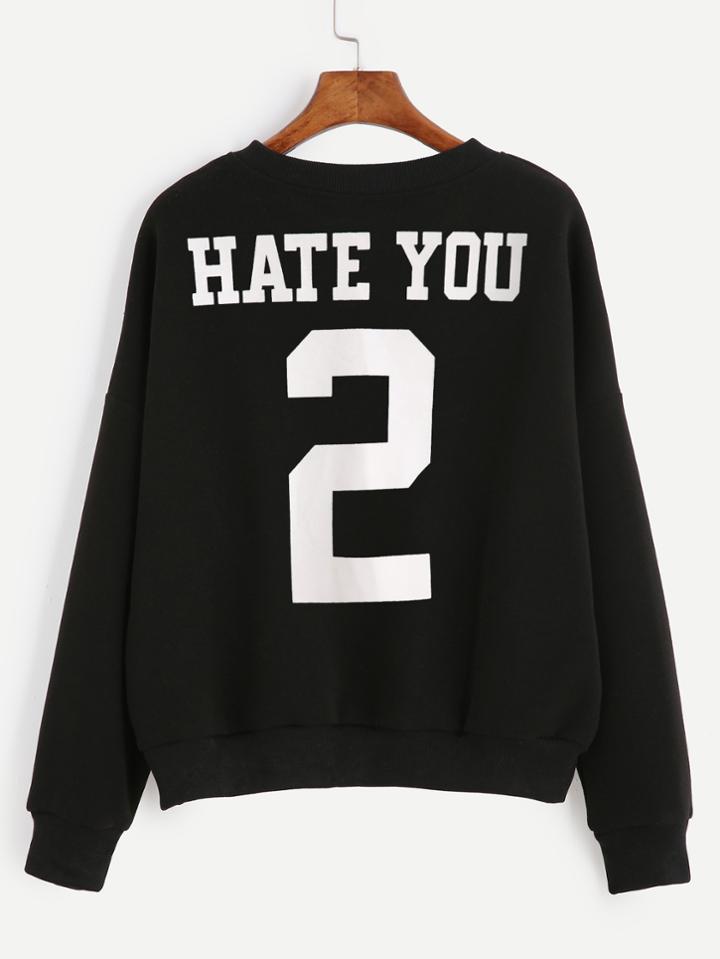 Romwe Black Number Print Back Drop Shoulder Sweatshirt