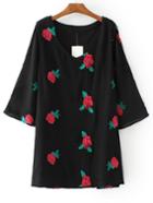Romwe Black V Neck Floral Embroidered Shift Dress