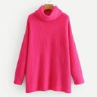 Romwe Neon Pink Turtleneck Drop Shoulder Jumper
