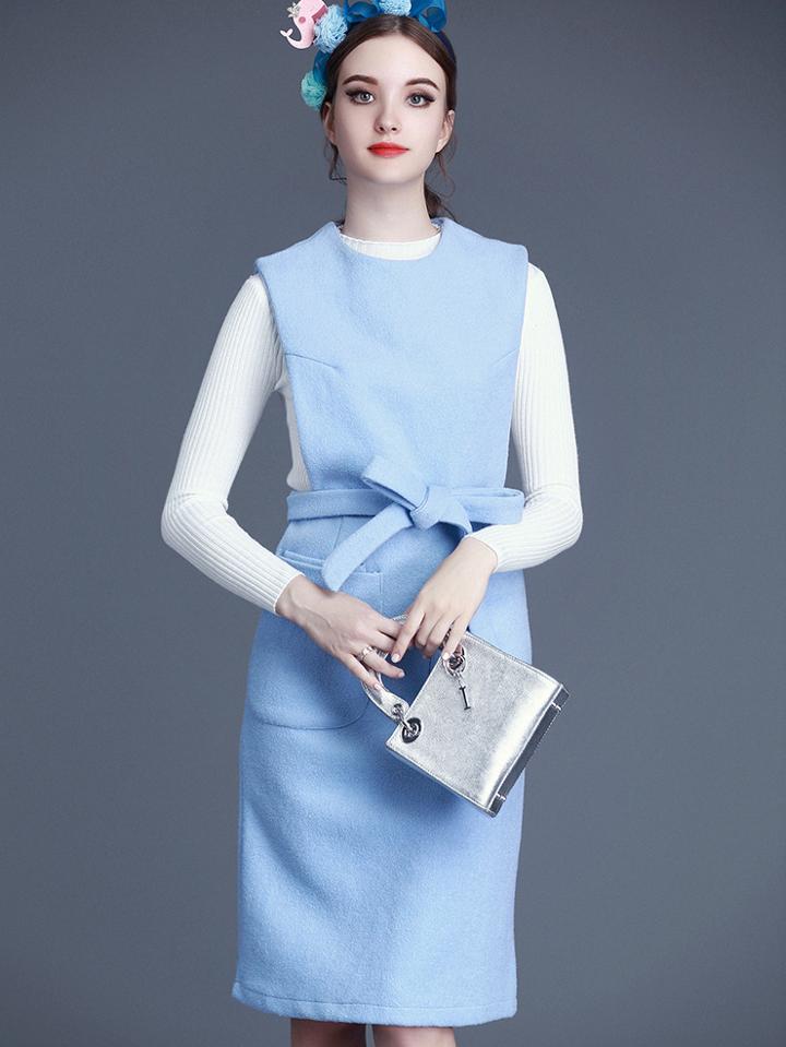 Romwe Blue Long Sleeve Knit Two Pieces Tie-waist Dress