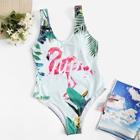 Romwe Low Back Tropical And Flamingo One Piece Swimsuit