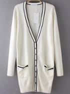 Romwe Striped Pockets Buttons Long White Cardigan