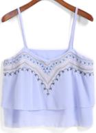 Romwe Blue Spaghetti Strap Embroidered Crop Chiffon Cami Top