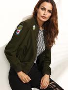 Romwe Army Green Applique Long Sleeve Jacket