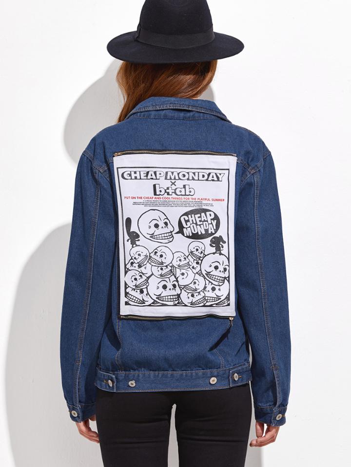 Romwe Blue Print Detachable Patch Back Denim Jacket