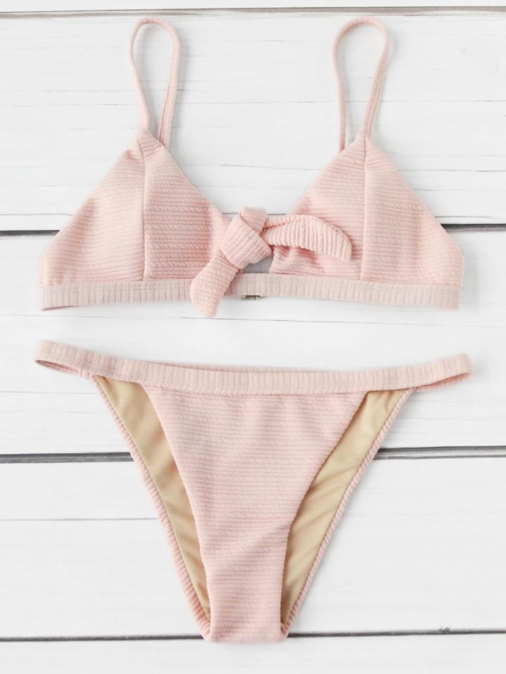 Romwe Knot Front Thin Strap Textured Bikini Set