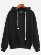 Romwe Black Drop Shoulder Drawstring Hooded Sweatshirt