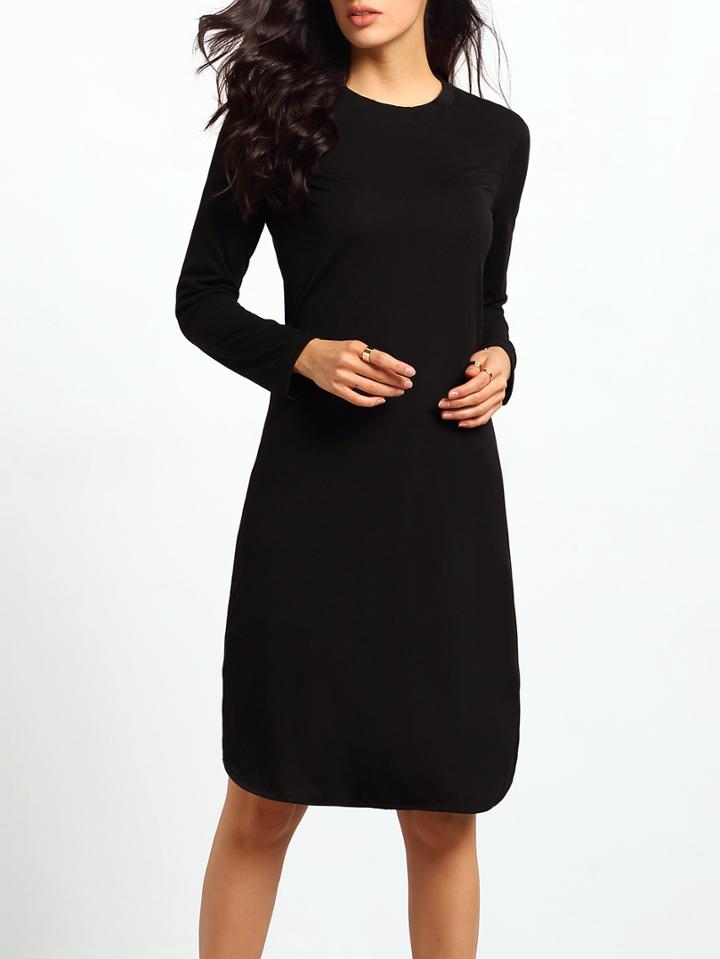 Romwe Black Round Neck Split Loose Dress