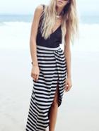 Romwe Deep V Backless Black White Striped 2 In 1 Dress
