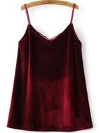 Romwe Burgundy Contrast Lace Velvet Cami Dress