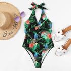Romwe Tropical Cut-out Back Halter One Piece Swimsuit