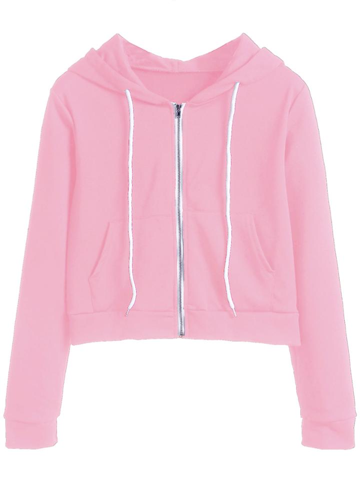 Romwe Pink Zipper Up Drawstring Hooded Crop Coat With Pocket
