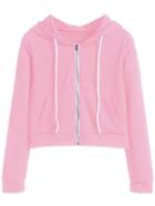 Romwe Pink Zipper Up Drawstring Hooded Crop Coat With Pocket
