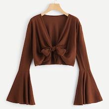 Romwe Flounce Sleeve Knot Front Solid Blouse
