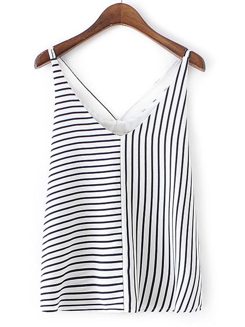 Romwe Black And White V Neck Mix Stripe Tank Top