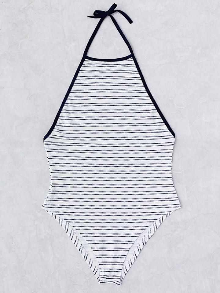 Romwe Striped Detail Halter One-piece Swimwear