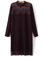 Romwe Burgundy Band Collar Lace Long Sweater