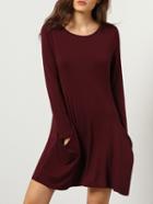 Romwe Burgundy Long Sleeve Pockets Dress