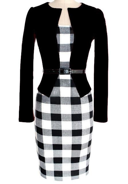 Romwe Black Long Sleeve Plaid Bodycon Pencil Dress