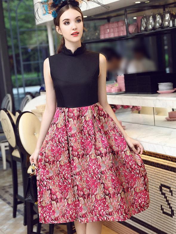 Romwe Multicolor Stand Collar Sleeveless Contrast Print Dress