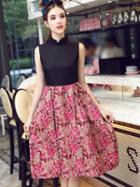 Romwe Multicolor Stand Collar Sleeveless Contrast Print Dress