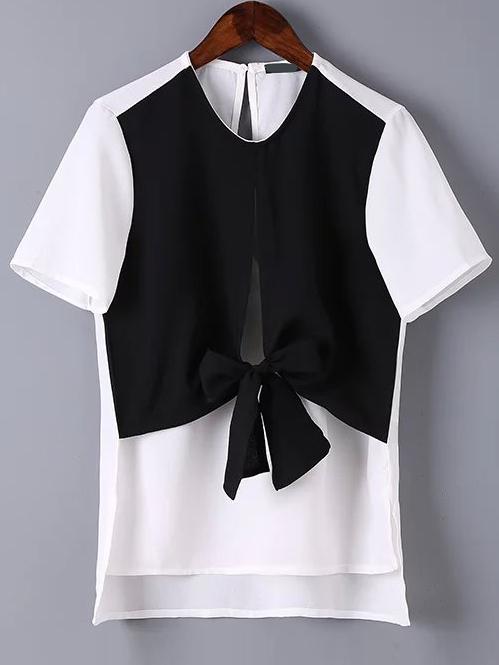 Romwe Color-block Dip Hem Shirt With Bow