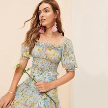 Romwe Ruffle Detail Flower Print Bishop Sleeve Blouse
