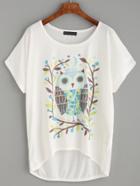 Romwe White Owl Print High Low T-shirt