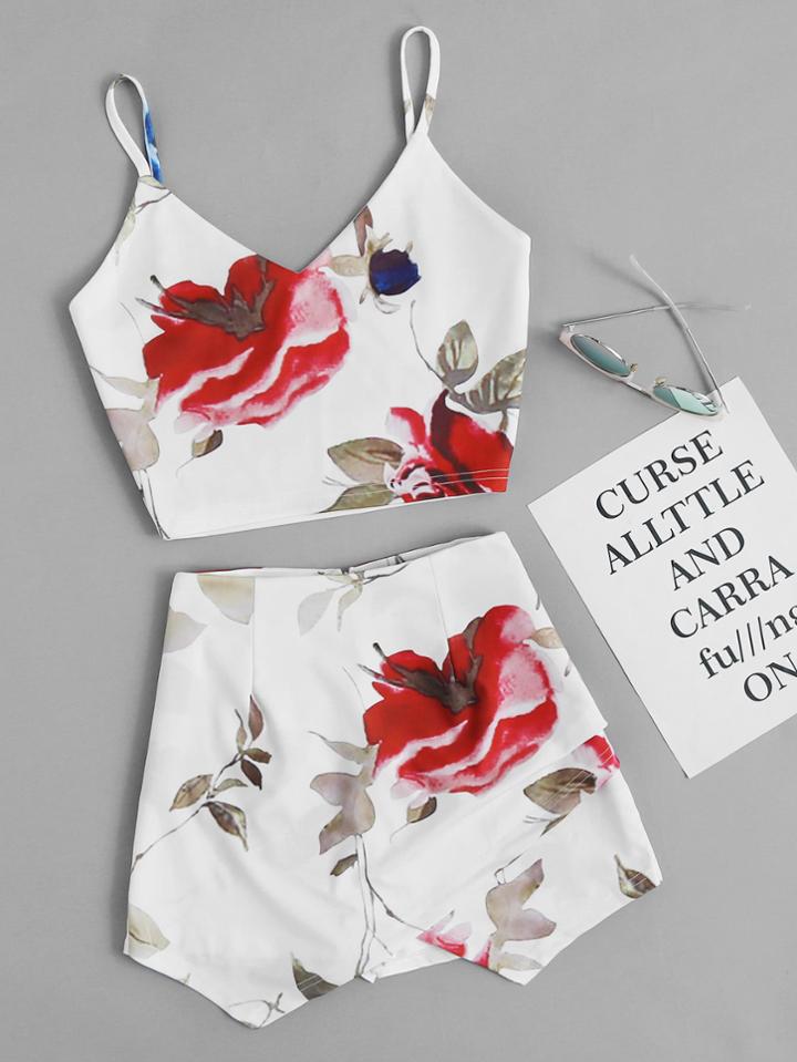 Romwe Random Florals Crop Cami Top With Overlap Skort