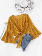Romwe Fluted Sleeve Ditsy Print Knot Front Blouse