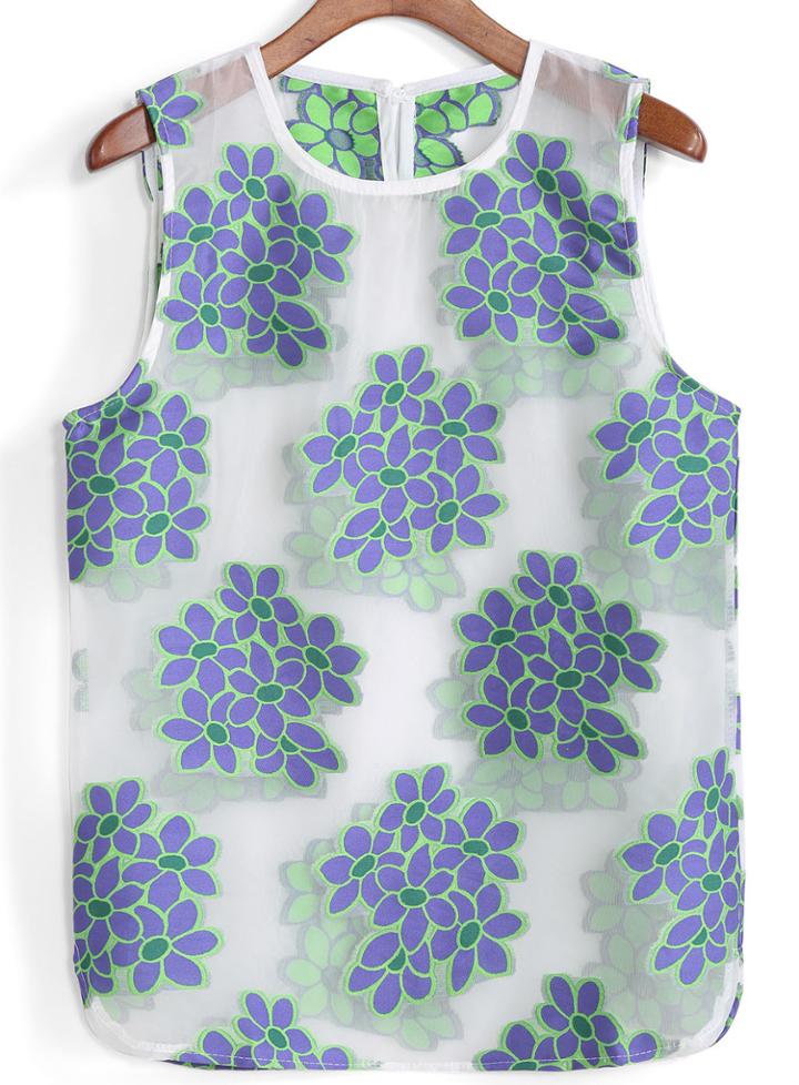 Romwe Flower Print Mesh Blue Tank Top