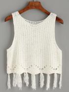 Romwe White Fringe Trim Hollow Out Knit Tank Top